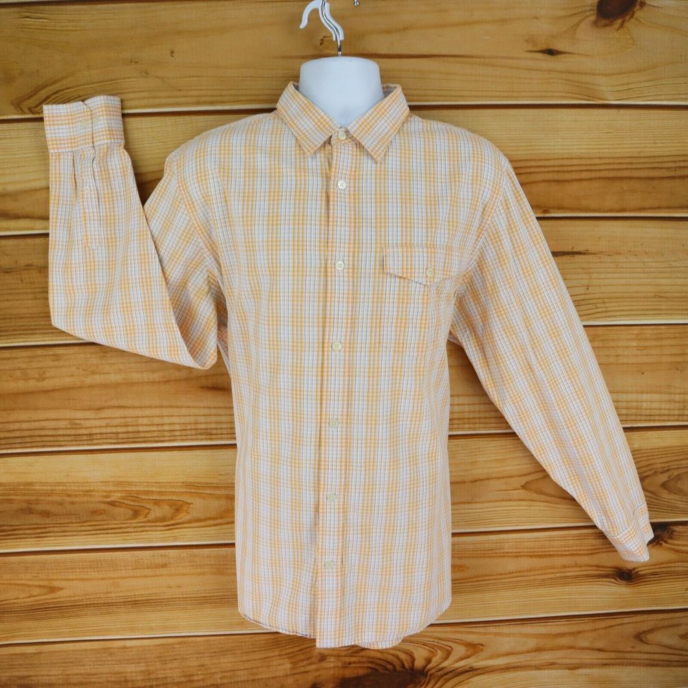 Banana Republic Dress Shirt Mens XL‎ Orange Light Wash Plaid 100% Cotton Pocket